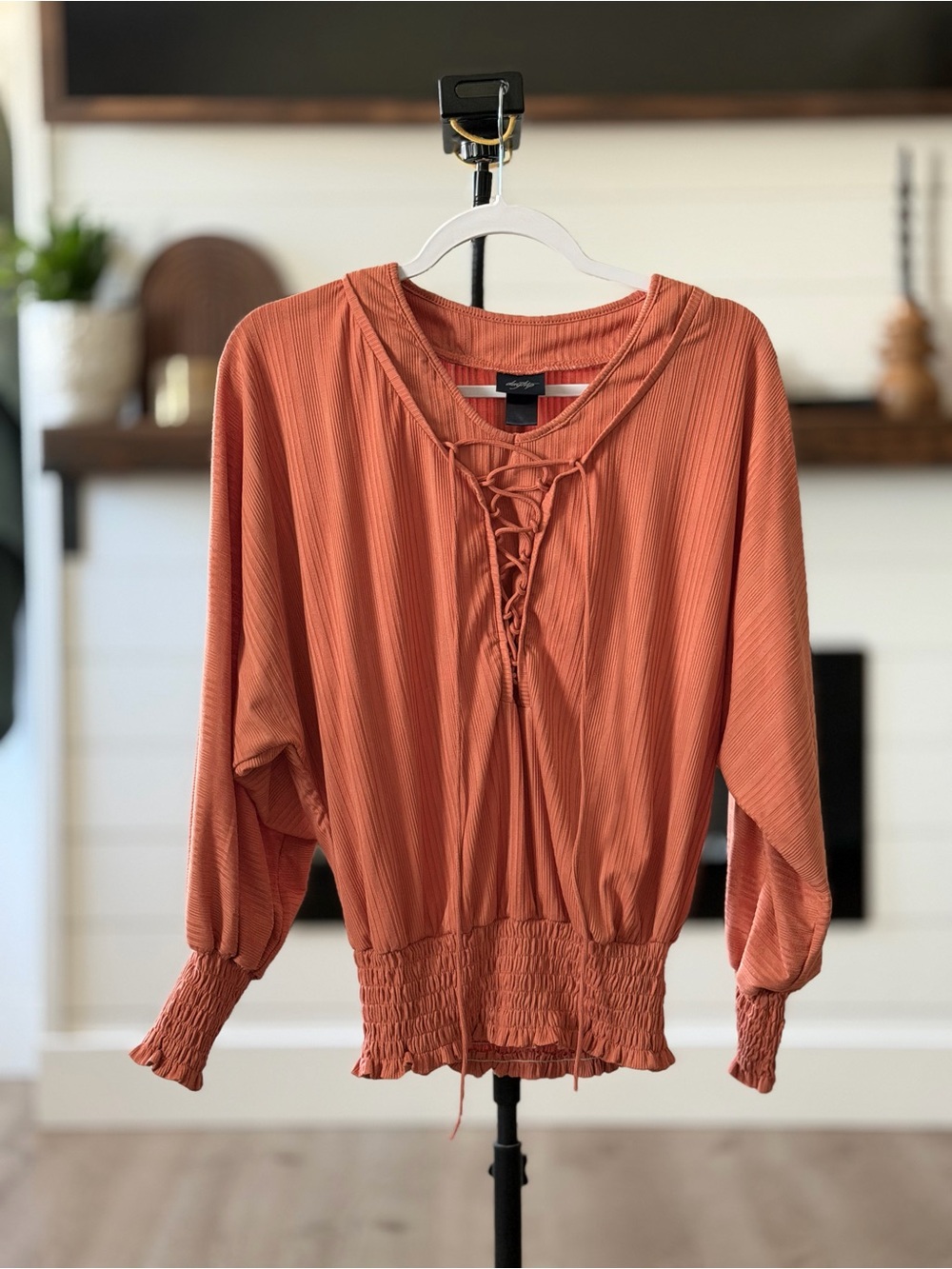 Daytrip Lace-Up Ribbed Blouse - Terracotta